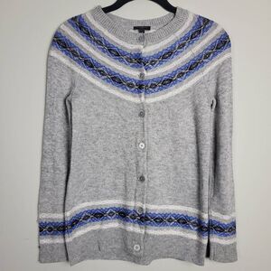 Talbots Womens Lambswool Fair Isle Cardigan Sweater XS Petite Gray Nordic Cozy